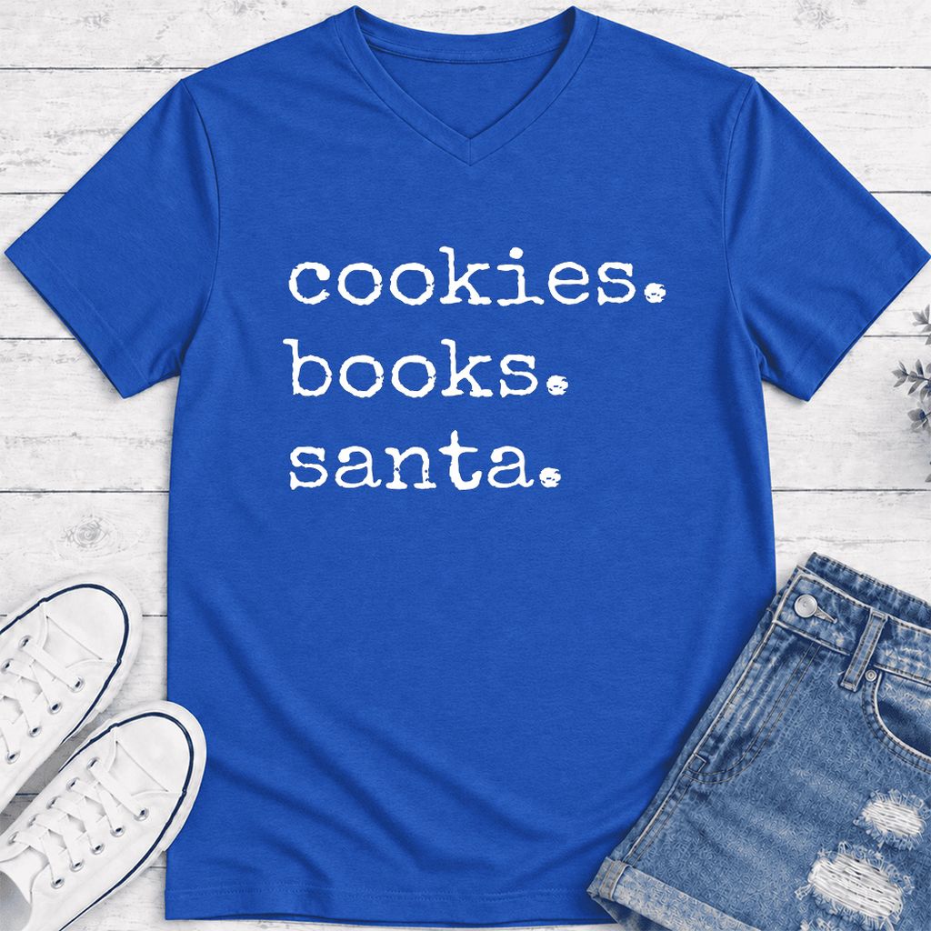Cookies. Books. Santa. Ultra-Soft V-Neck | Christmas Book Lover Gift True Royal