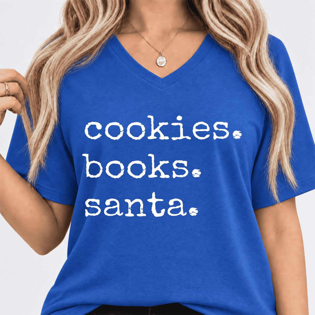 Cookies. Books. Santa. Ultra-Soft V-Neck | Christmas Book Lover Gift True Royal