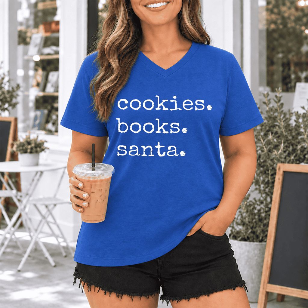 Cookies. Books. Santa. Ultra-Soft V-Neck | Christmas Book Lover Gift True Royal