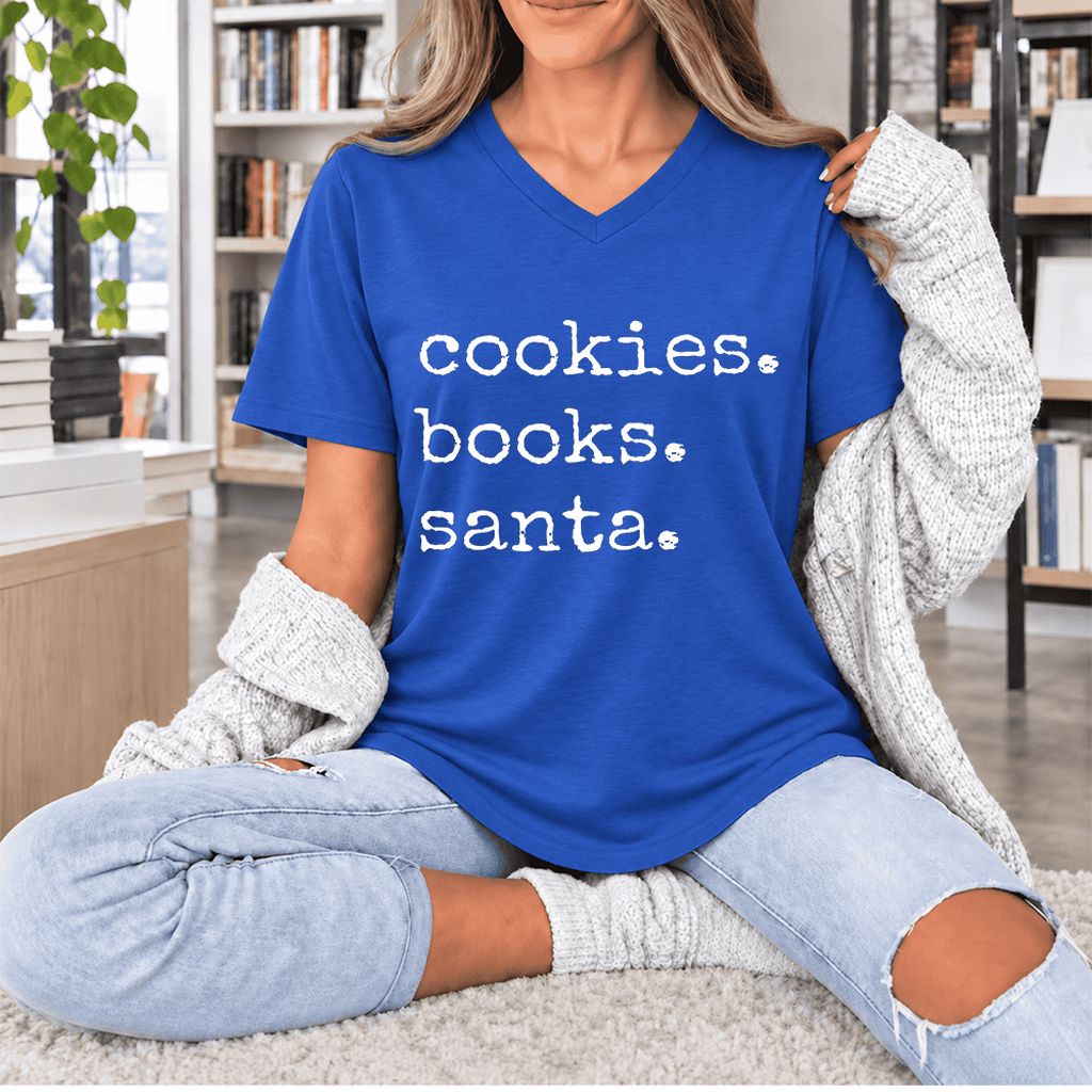 Cookies. Books. Santa. Ultra-Soft V-Neck | Christmas Book Lover Gift True Royal