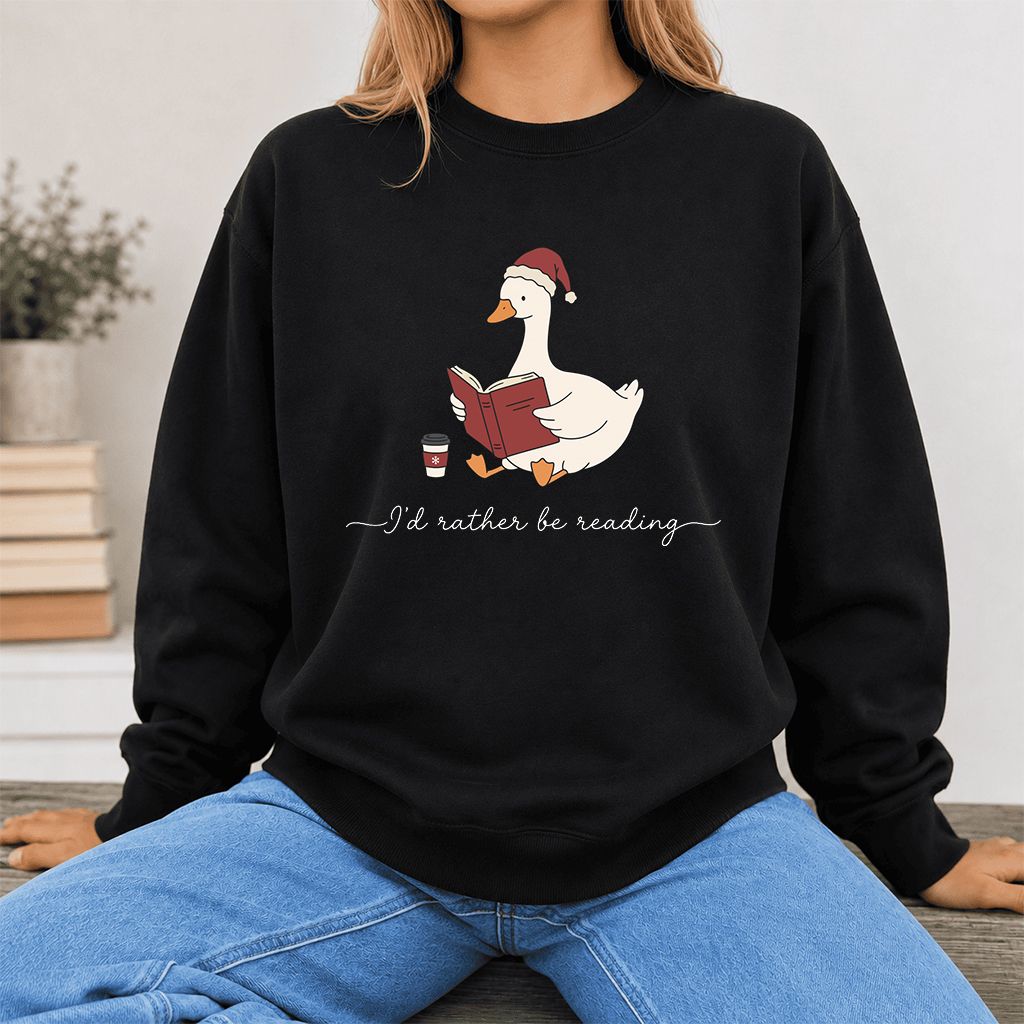 I'd Rather Be Reading Printed Sweatshirt | Cozy Christmas Book Lover Gift Black