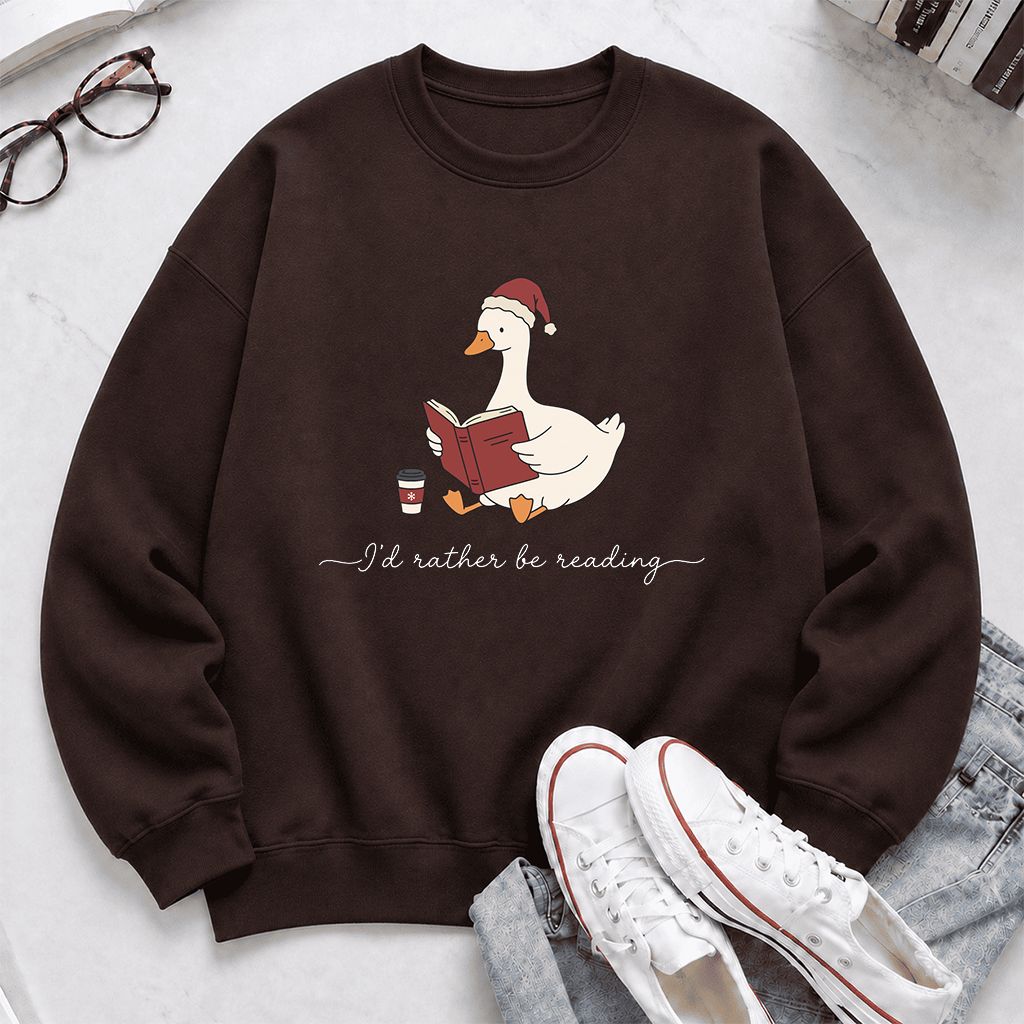 I'd Rather Be Reading Printed Sweatshirt | Cozy Christmas Book Lover Gift Dark Chocolate