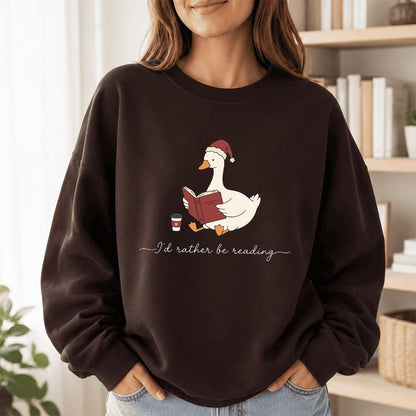 I'd Rather Be Reading Printed Sweatshirt | Cozy Christmas Book Lover Gift Dark Chocolate