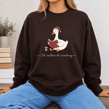 I'd Rather Be Reading Printed Sweatshirt | Cozy Christmas Book Lover Gift Dark Chocolate