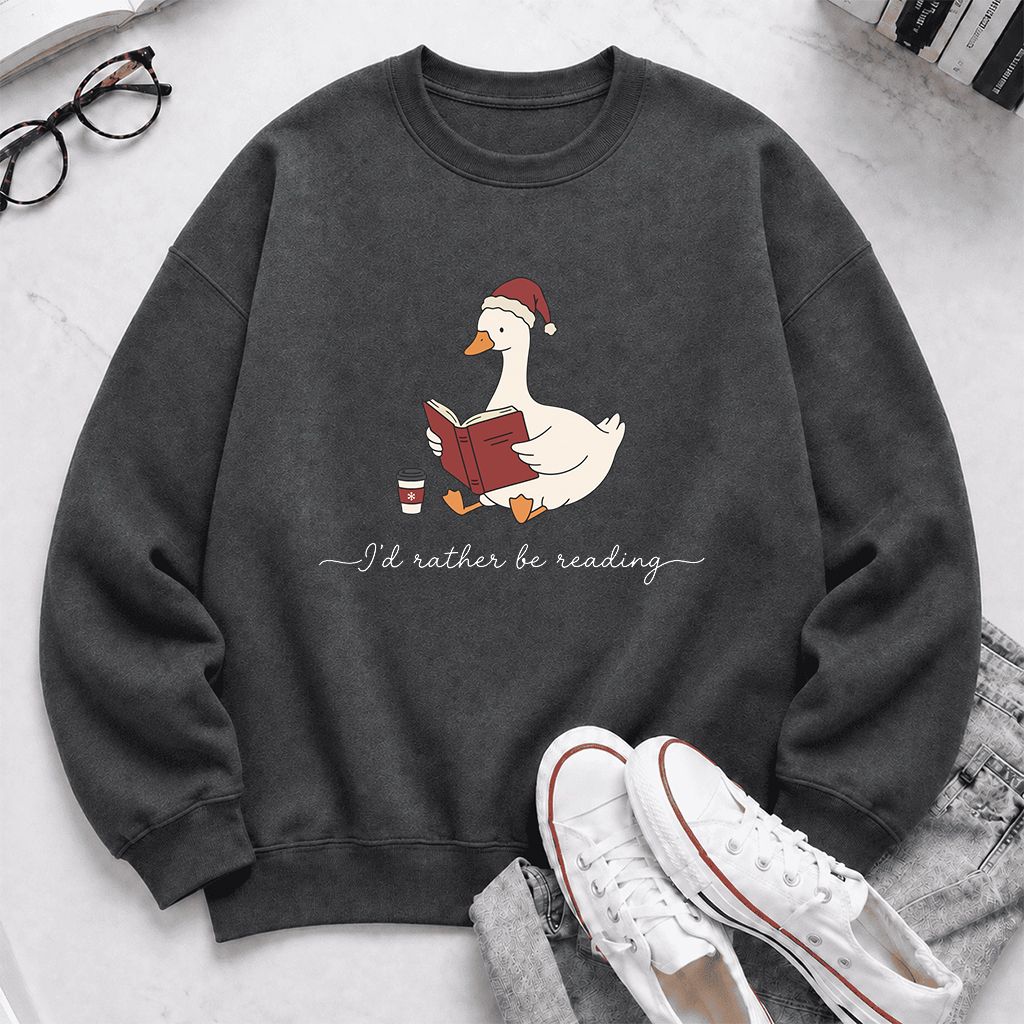 I'd Rather Be Reading Printed Sweatshirt | Cozy Christmas Book Lover Gift Dark Heather