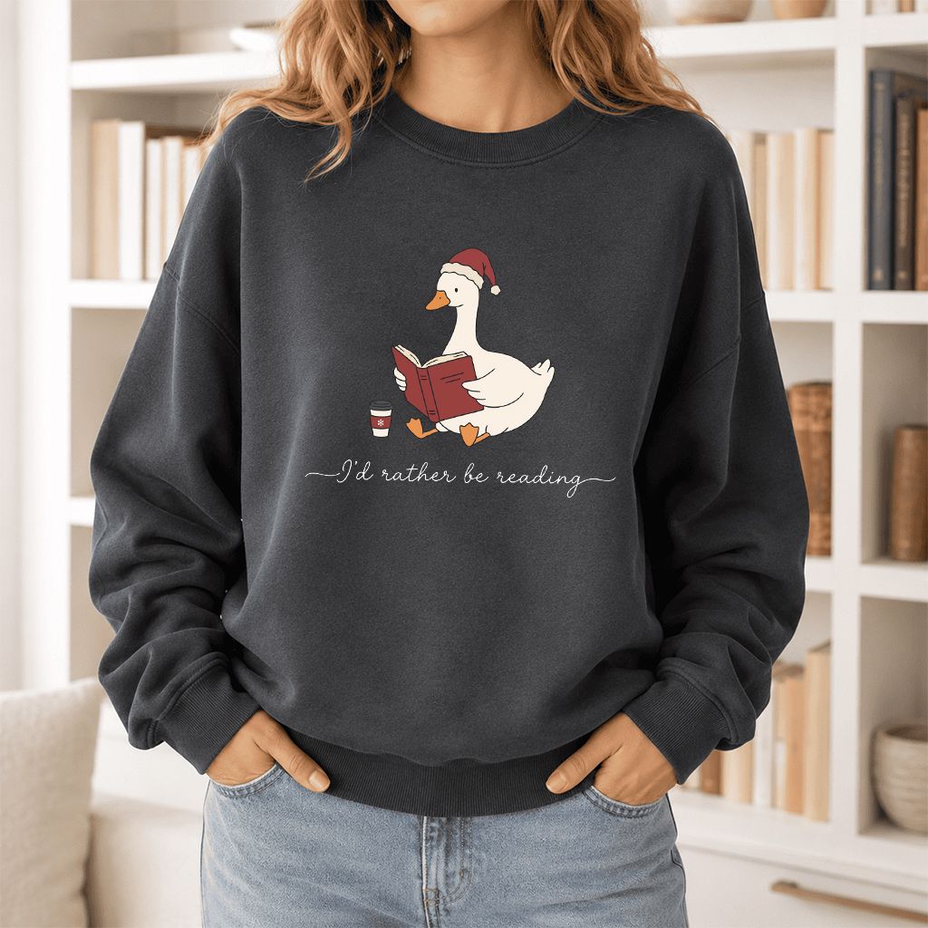 I'd Rather Be Reading Printed Sweatshirt | Cozy Christmas Book Lover Gift Dark Heather
