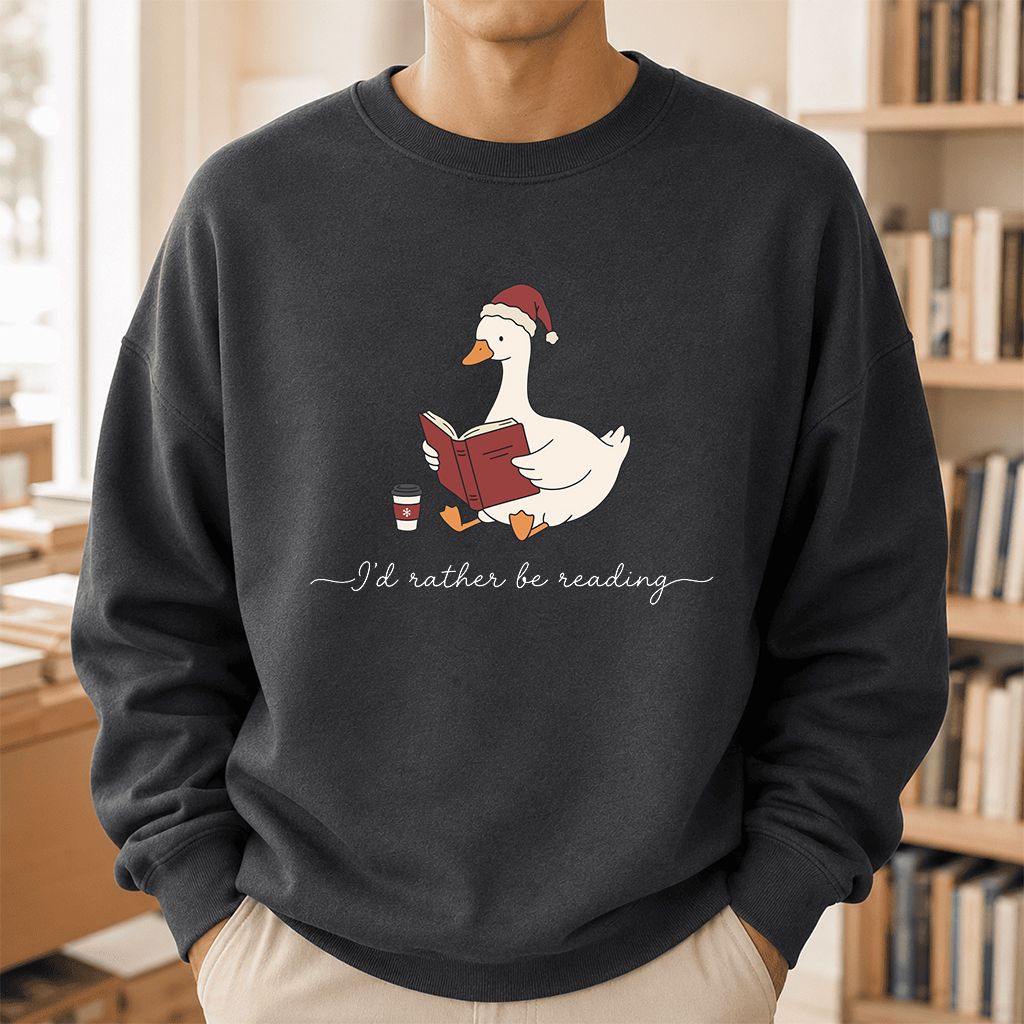 I'd Rather Be Reading Printed Sweatshirt | Cozy Christmas Book Lover Gift Dark Heather