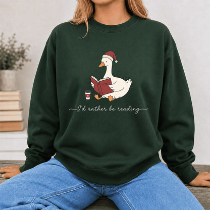 I'd Rather Be Reading Printed Sweatshirt | Cozy Christmas Book Lover Gift Forest Green