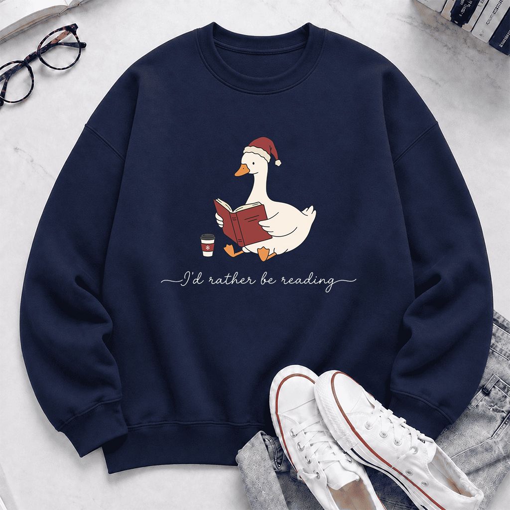 I'd Rather Be Reading Printed Sweatshirt | Cozy Christmas Book Lover Gift Navy