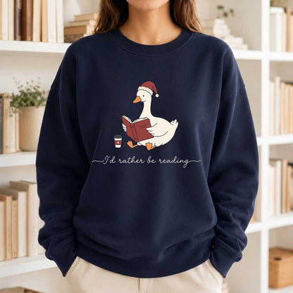 I'd Rather Be Reading Printed Sweatshirt | Cozy Christmas Book Lover Gift Navy