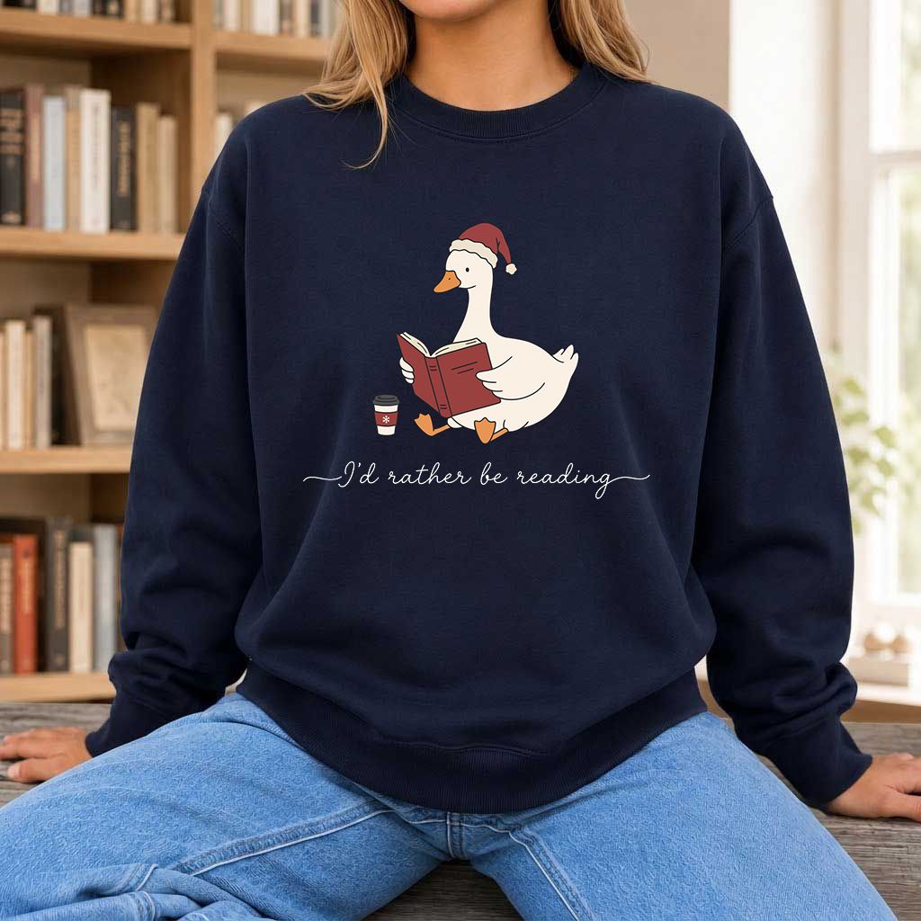I'd Rather Be Reading Printed Sweatshirt | Cozy Christmas Book Lover Gift Navy