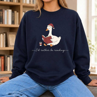 I'd Rather Be Reading Printed Sweatshirt | Cozy Christmas Book Lover Gift Navy
