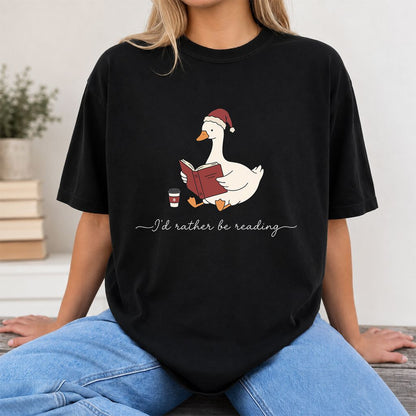 I'd Rather Be Reading Printed T-Shirt | Cozy Christmas Book Lover Gift Black
