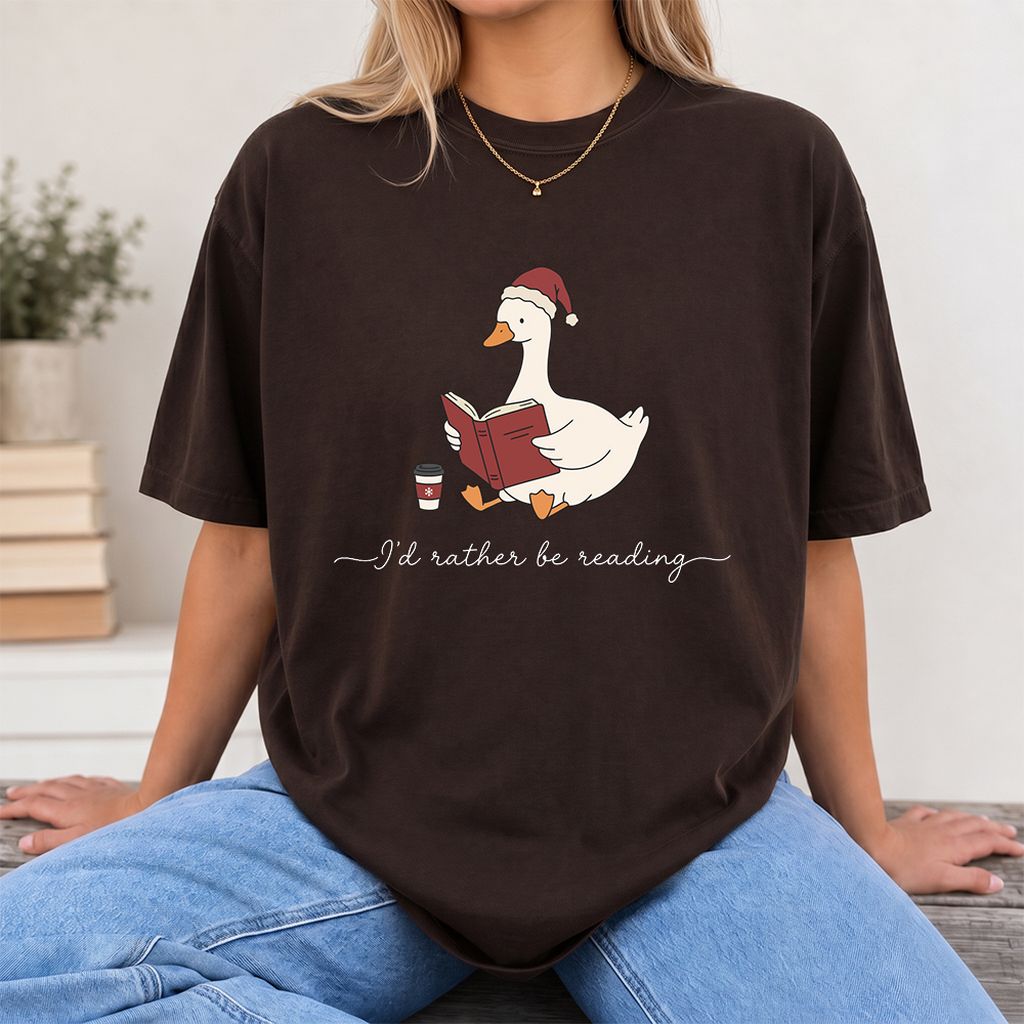 I'd Rather Be Reading Printed T-Shirt | Cozy Christmas Book Lover Gift Dark Chocolate