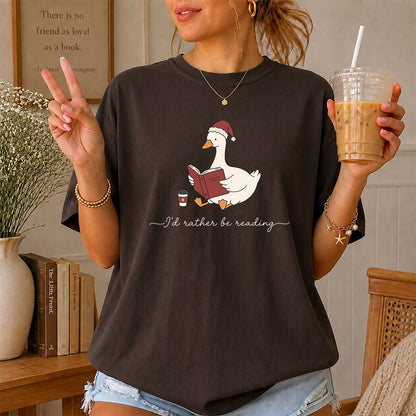 I'd Rather Be Reading Printed T-Shirt | Cozy Christmas Book Lover Gift Dark Chocolate