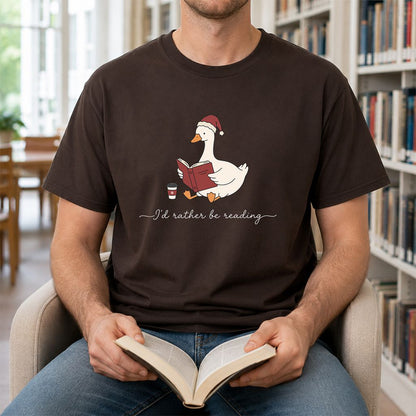 I'd Rather Be Reading Printed T-Shirt | Cozy Christmas Book Lover Gift Dark Chocolate