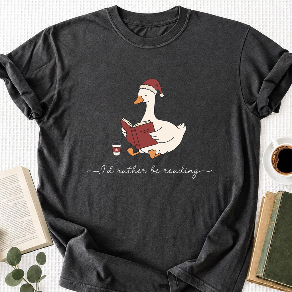 I'd Rather Be Reading Printed T-Shirt | Cozy Christmas Book Lover Gift Dark Heather