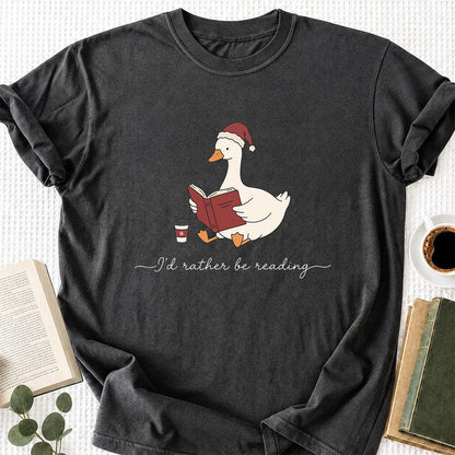 I'd Rather Be Reading Printed T-Shirt | Cozy Christmas Book Lover Gift Dark Heather