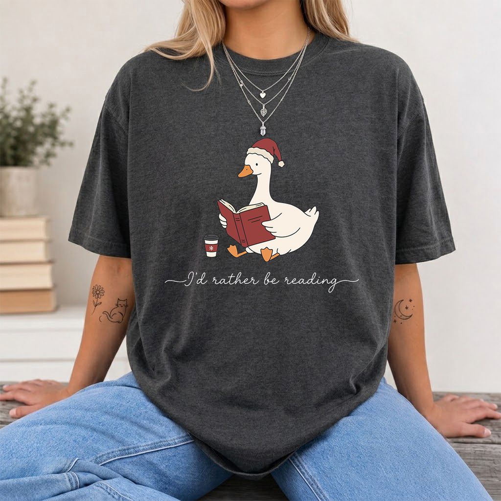 I'd Rather Be Reading Printed T-Shirt | Cozy Christmas Book Lover Gift Dark Heather