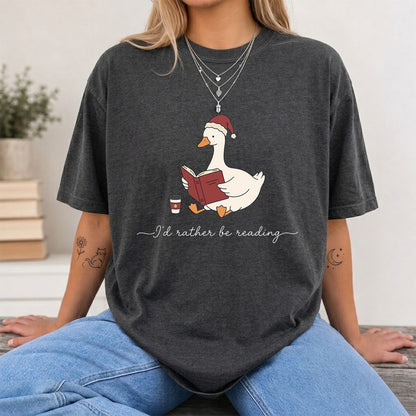 I'd Rather Be Reading Printed T-Shirt | Cozy Christmas Book Lover Gift Dark Heather