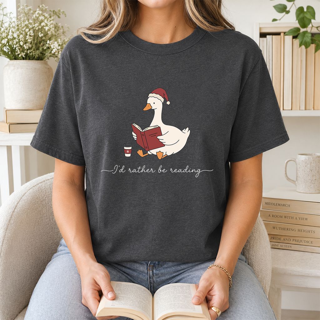 I'd Rather Be Reading Printed T-Shirt | Cozy Christmas Book Lover Gift Dark Heather