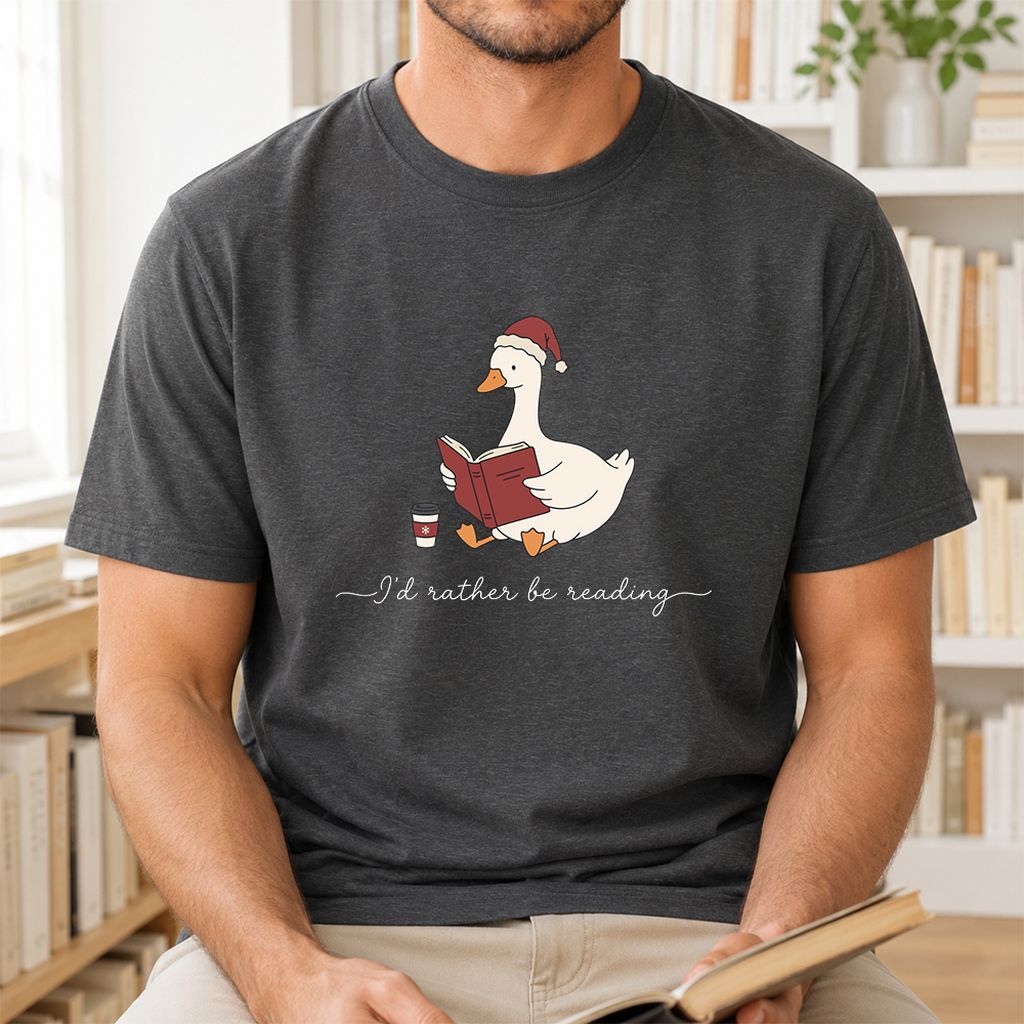 I'd Rather Be Reading Printed T-Shirt | Cozy Christmas Book Lover Gift Dark Heather