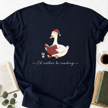 I'd Rather Be Reading Printed T-Shirt | Cozy Christmas Book Lover Gift Navy