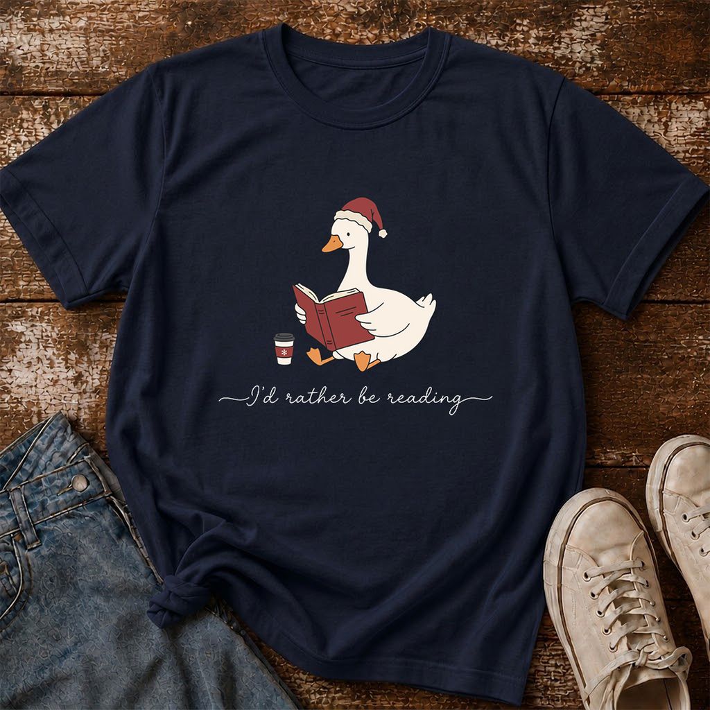 I'd Rather Be Reading Printed T-Shirt | Cozy Christmas Book Lover Gift Navy