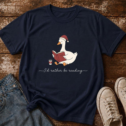 I'd Rather Be Reading Printed T-Shirt | Cozy Christmas Book Lover Gift Navy
