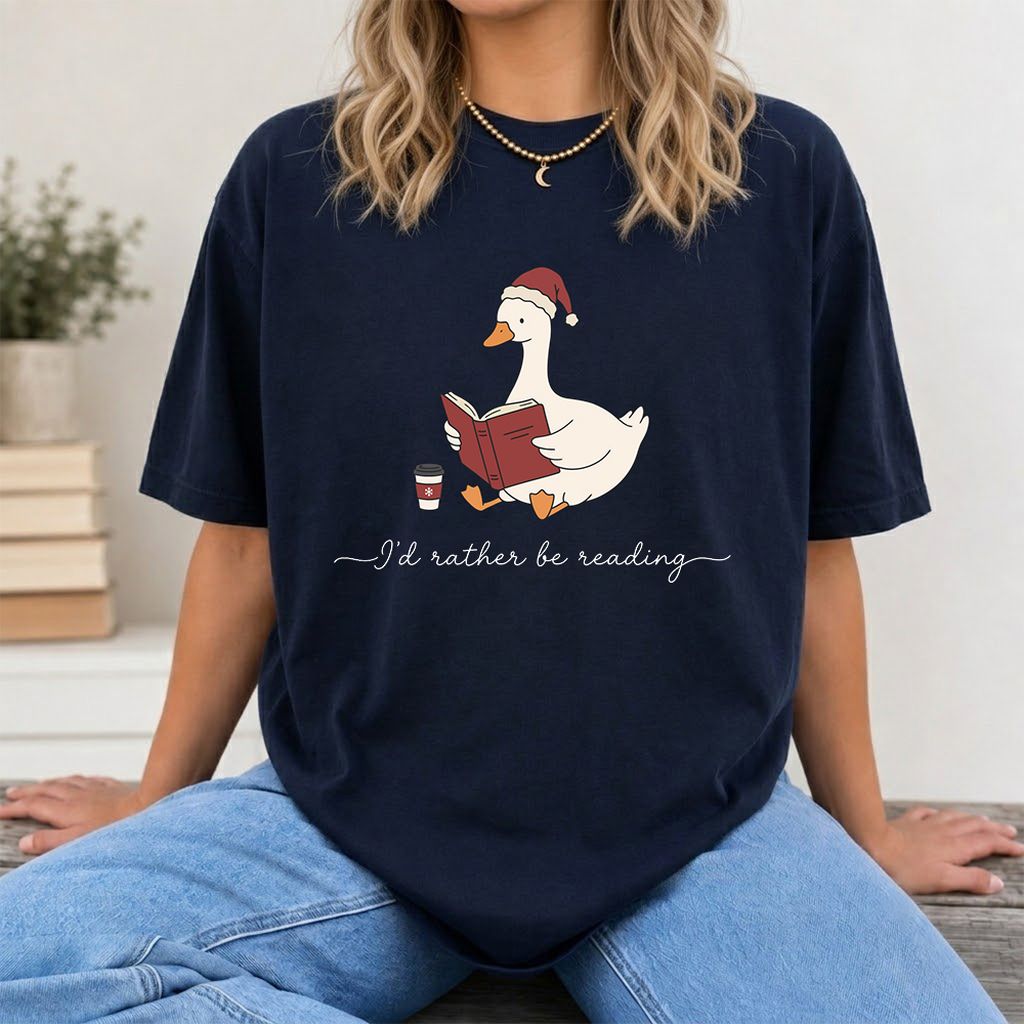 I'd Rather Be Reading Printed T-Shirt | Cozy Christmas Book Lover Gift Navy