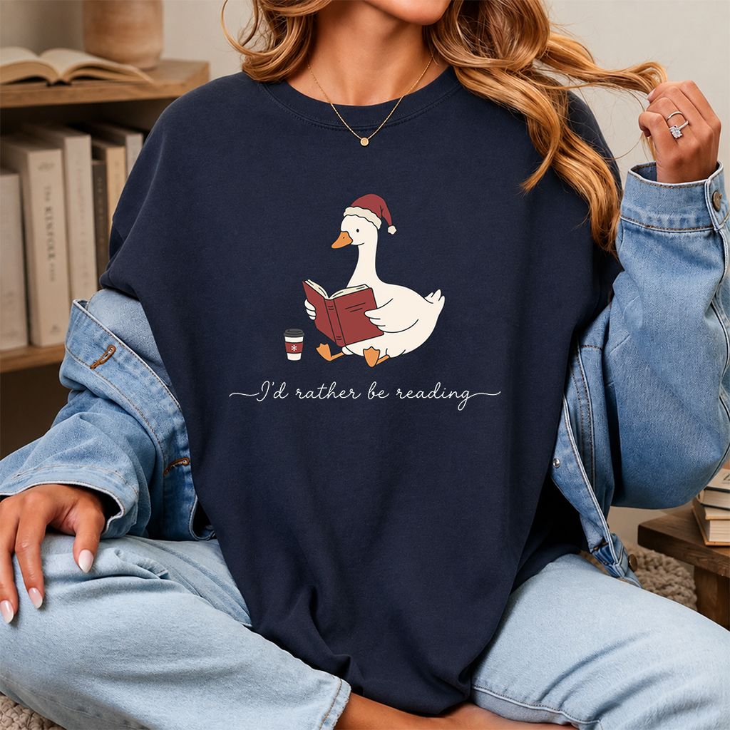 I'd Rather Be Reading Printed T-Shirt | Cozy Christmas Book Lover Gift Navy