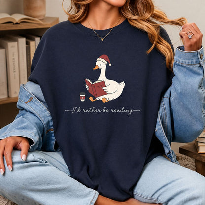 I'd Rather Be Reading Printed T-Shirt | Cozy Christmas Book Lover Gift Navy