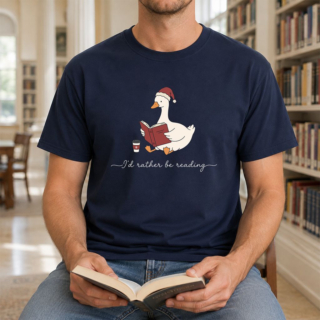 I'd Rather Be Reading Printed T-Shirt | Cozy Christmas Book Lover Gift Navy