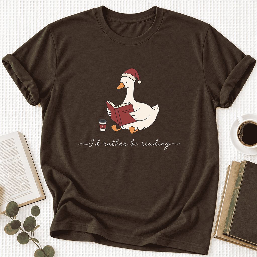 I'd Rather Be Reading Ultra-Soft Cotton T-Shirt | Cozy Christmas Book Lover Gift Brown