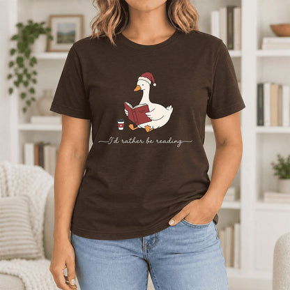 I'd Rather Be Reading Ultra-Soft Cotton T-Shirt | Cozy Christmas Book Lover Gift Brown