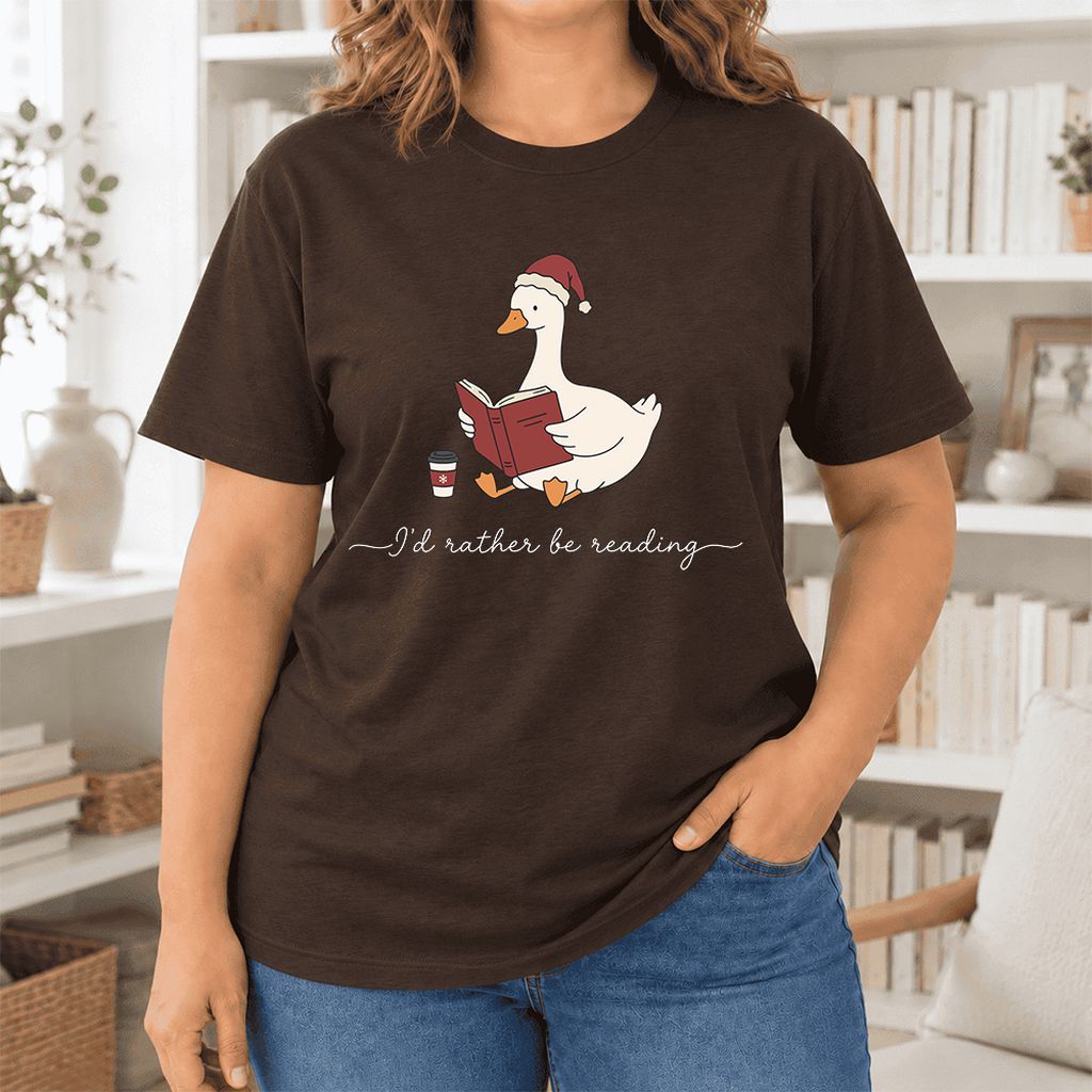 I'd Rather Be Reading Ultra-Soft Cotton T-Shirt | Cozy Christmas Book Lover Gift Brown