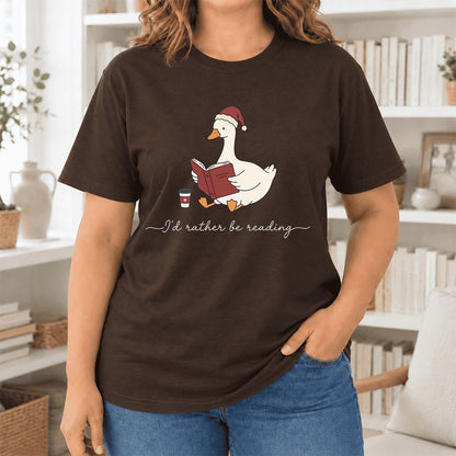 I'd Rather Be Reading Ultra-Soft Cotton T-Shirt | Cozy Christmas Book Lover Gift Brown