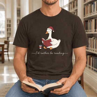 I'd Rather Be Reading Ultra-Soft Cotton T-Shirt | Cozy Christmas Book Lover Gift Brown