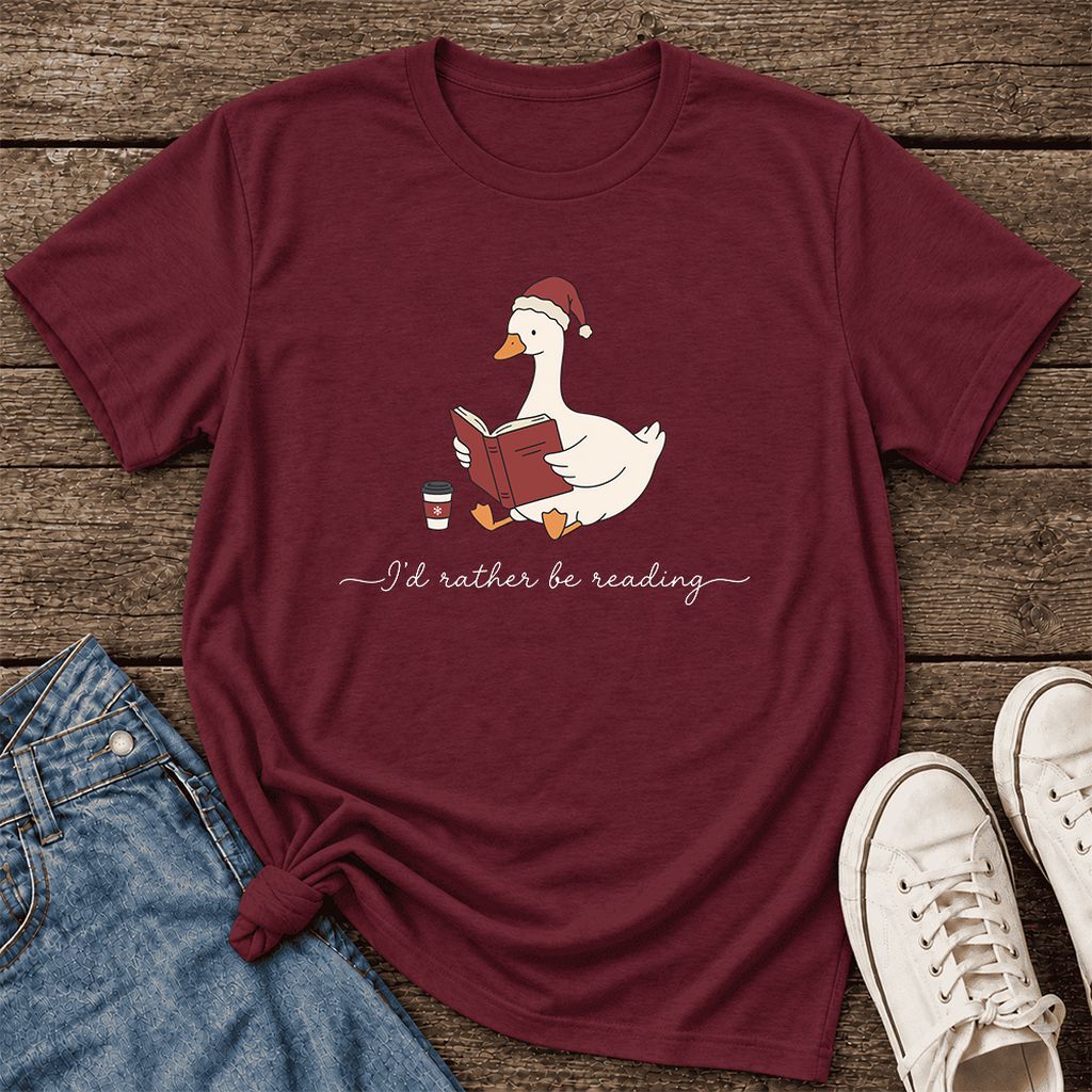 I'd Rather Be Reading Ultra-Soft Cotton T-Shirt | Cozy Christmas Book Lover Gift Maroon