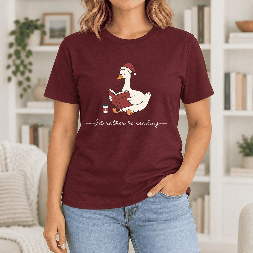 I'd Rather Be Reading Ultra-Soft Cotton T-Shirt | Cozy Christmas Book Lover Gift Maroon