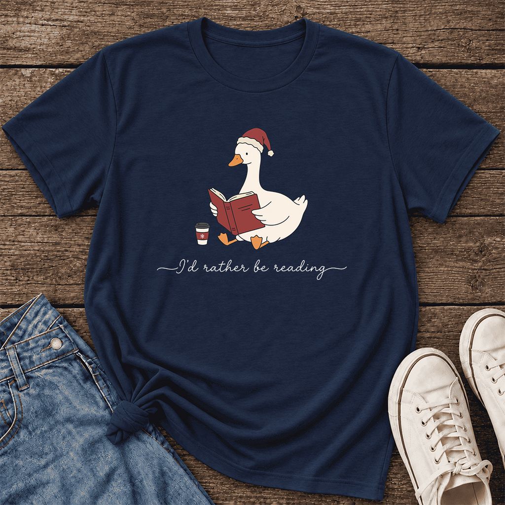 I'd Rather Be Reading Ultra-Soft Cotton T-Shirt | Cozy Christmas Book Lover Gift Navy