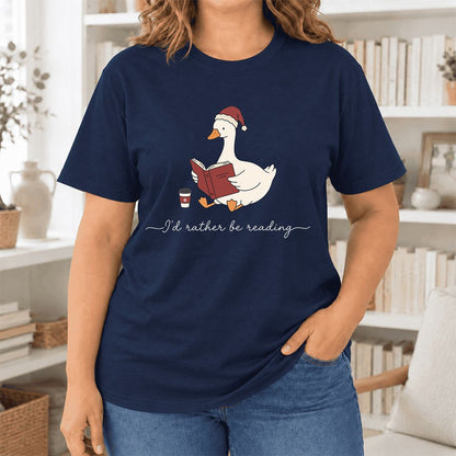 I'd Rather Be Reading Ultra-Soft Cotton T-Shirt | Cozy Christmas Book Lover Gift Navy