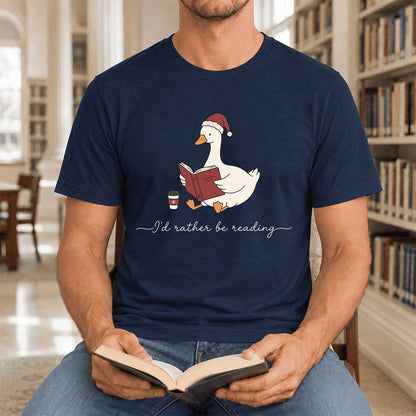 I'd Rather Be Reading Ultra-Soft Cotton T-Shirt | Cozy Christmas Book Lover Gift Navy