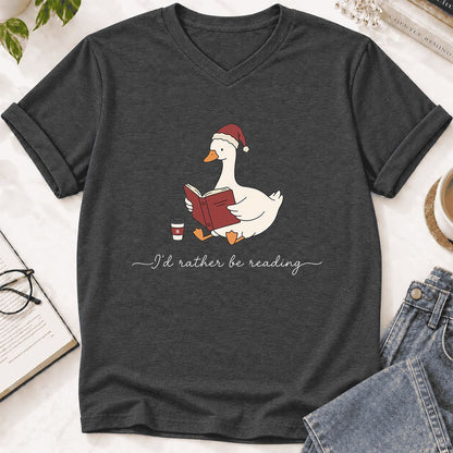 I'd Rather Be Reading Ultra-Soft V-Neck | Cozy Christmas Book Lover Gift Dark Grey Heather