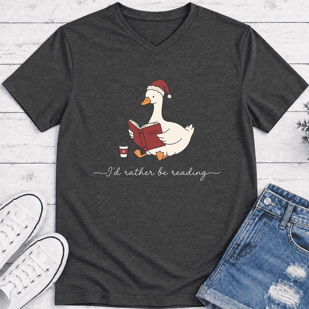 I'd Rather Be Reading Ultra-Soft V-Neck | Cozy Christmas Book Lover Gift Dark Grey Heather