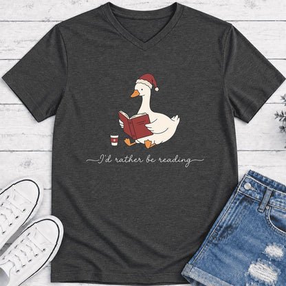 I'd Rather Be Reading Ultra-Soft V-Neck | Cozy Christmas Book Lover Gift Dark Grey Heather