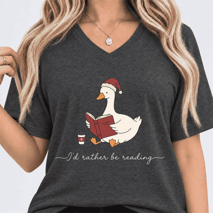 I'd Rather Be Reading Ultra-Soft V-Neck | Cozy Christmas Book Lover Gift Dark Grey Heather