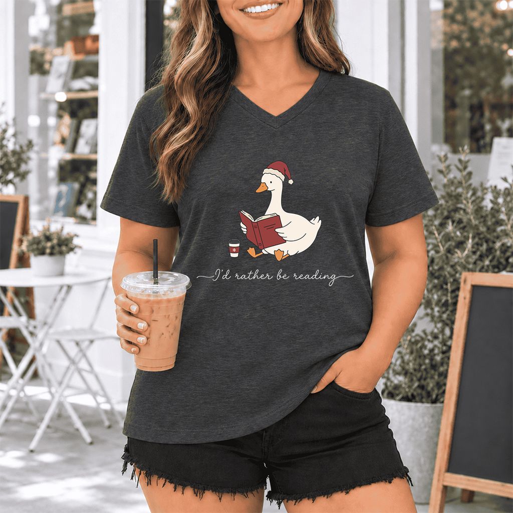 I'd Rather Be Reading Ultra-Soft V-Neck | Cozy Christmas Book Lover Gift Dark Grey Heather