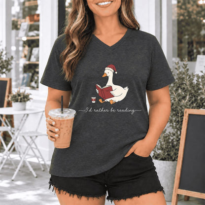 I'd Rather Be Reading Ultra-Soft V-Neck | Cozy Christmas Book Lover Gift Dark Grey Heather