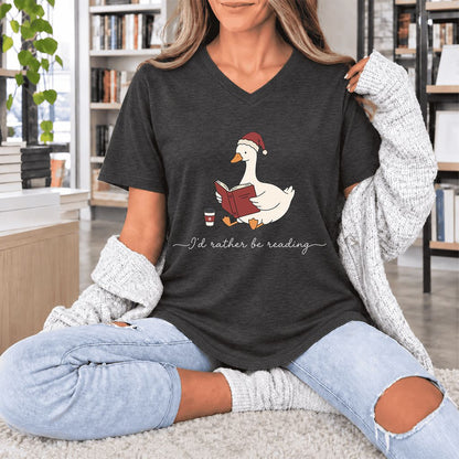 I'd Rather Be Reading Ultra-Soft V-Neck | Cozy Christmas Book Lover Gift Dark Grey Heather